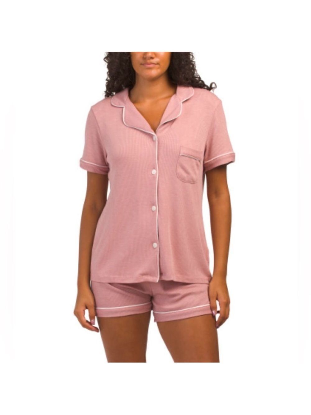 TART L-XL Pink White Dixie Notch Collar Ribbed Knit Short Sleeve Shorty PJ Set
